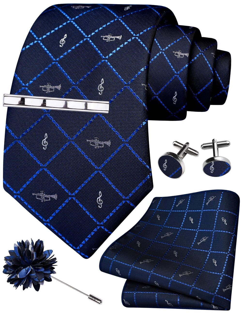 8432 Navy Blue Tie Set Plaid Music Wedding Silk Necktie Clip Pocket Square